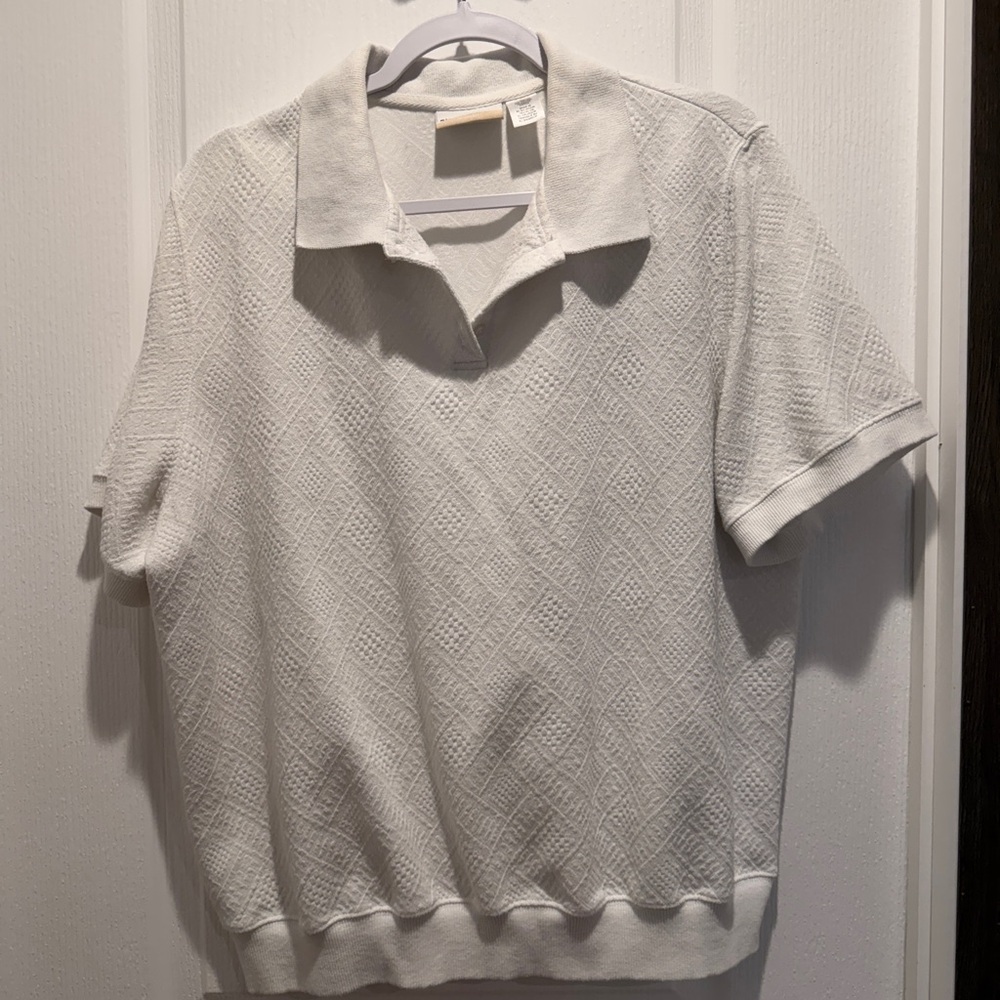 Alfred Dunner Textured Knit Polo Sweater 2X Off White Preppy Cottagecore Top